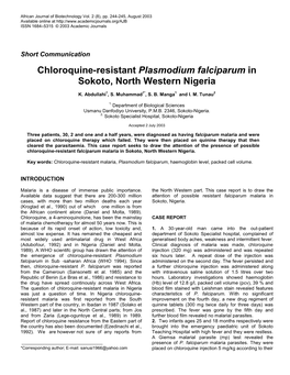 Chloroquine-Resistant Plasmodium Falciparum in Sokoto, North Western Nigeria