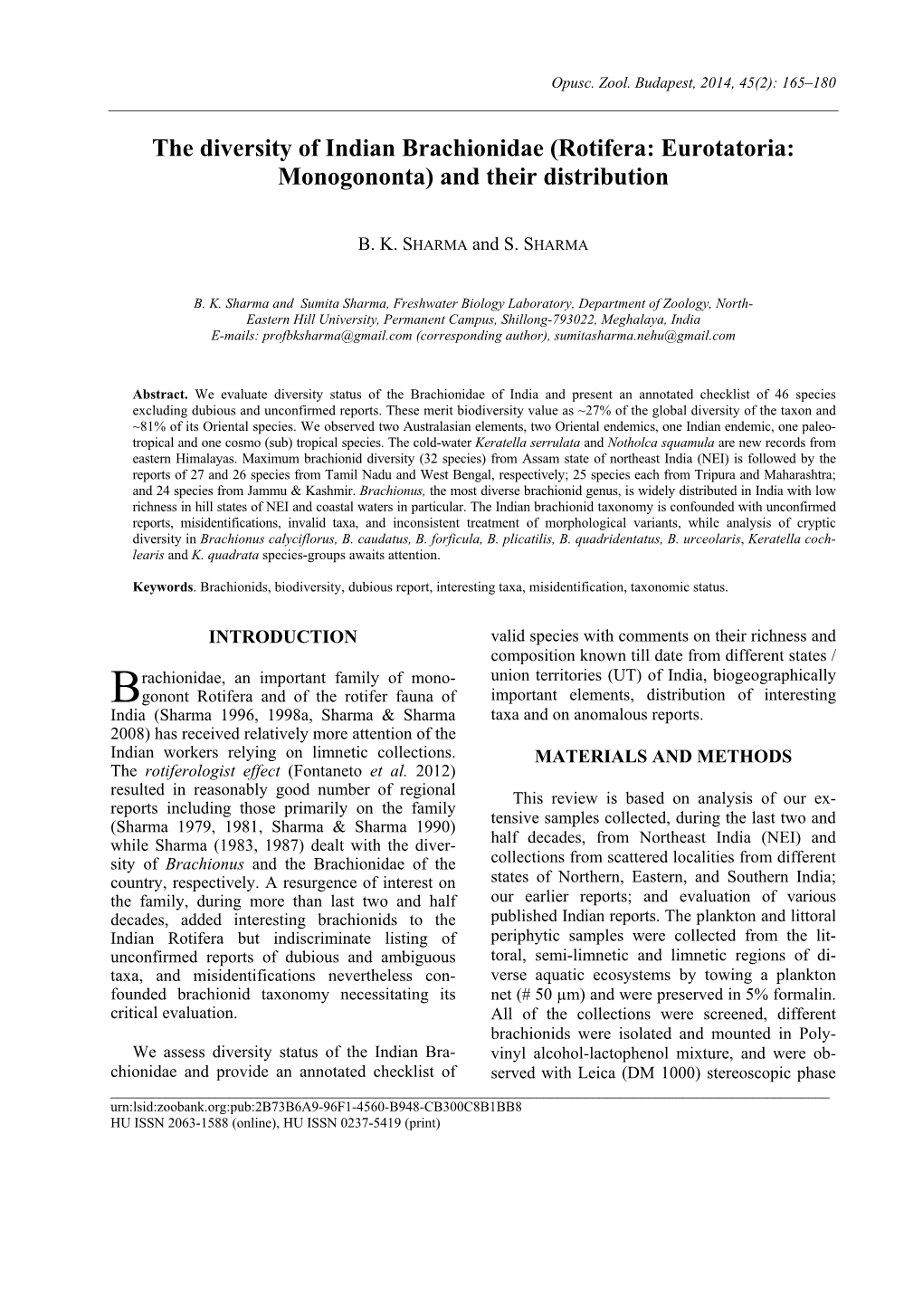 The Diversity of Indian Brachionidae (Rotifera: Eurotatoria: Monogononta) and Their Distribution