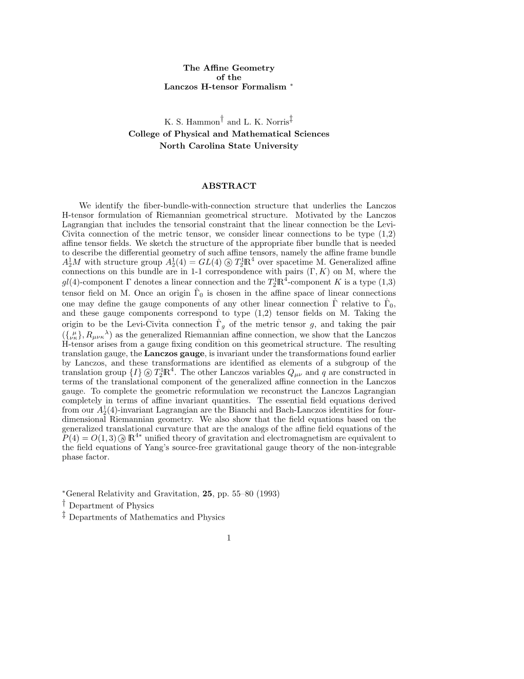 The Affine Geometry of the Lanczos H Tensor Formalism(1993, with Kevin