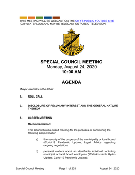 SPECIAL COUNCIL MEETING Monday, August 24, 2020 10:00 AM