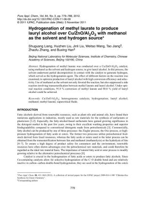 Hydrogenation of Methyl Laurate to Produce Lauryl Alcohol Over Cu/Zno/Al O with Methanol As the Solvent and Hydrogen Source*