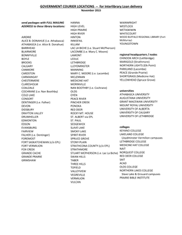 GOVERNMENT COURIER LOCATIONS -- for Interlibrary Loan Delivery November 2015