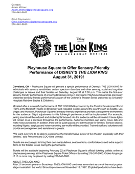 Playhouse Square to Offer Sensory-Friendly Performance of DISNEY’S the LION KING August 31, 2019!