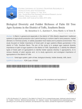 Biological Diversity and Fodder Richness of Palm Oil Tree Agro Systems in the District of Toffo, Southern Benin by Akouehou S