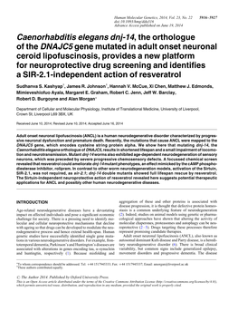 Caenorhabditis Elegans Dnj-14, the Orthologue of the DNAJC5 Gene