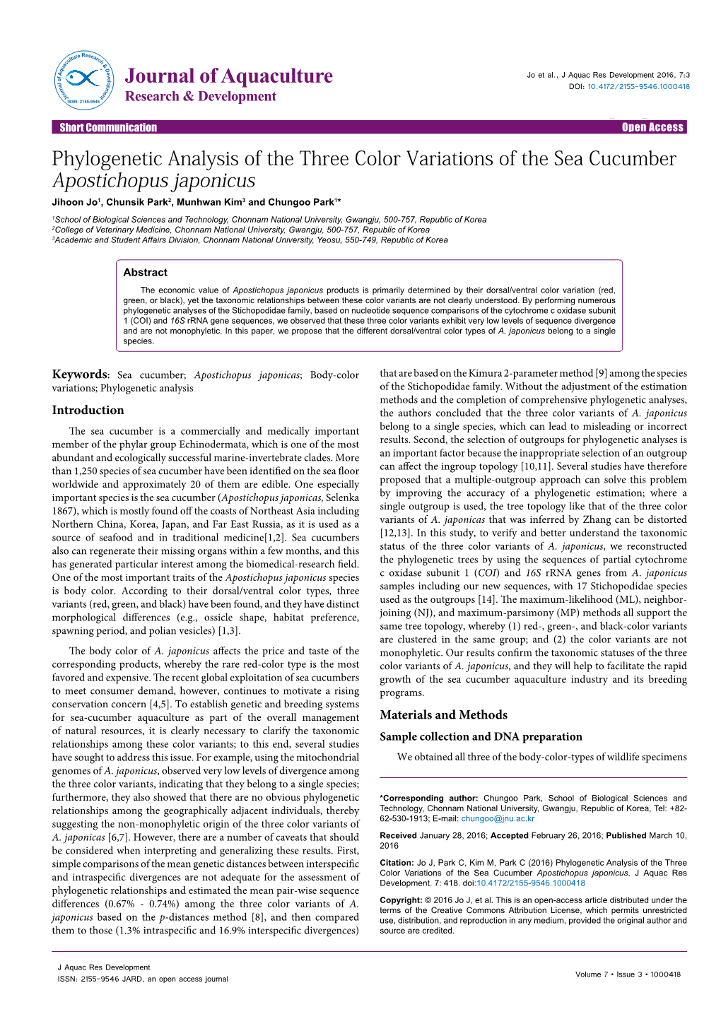 Phylogenetic Analysis of the Three Color Variations of the Sea Cucumber Apostichopus Japonicus