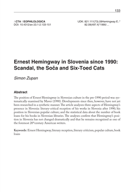 Ernest Hemingway in Slovenia Since 1990: Scandal, the Soča and Six-Toed Cats