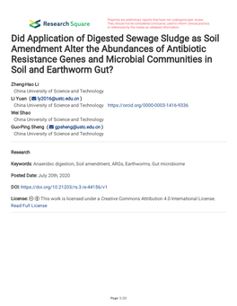 Did Application of Digested Sewage Sludge As Soil Amendment Alter the Abundances of Antibiotic Resistance Genes and Microbial Communities in Soil and Earthworm Gut?