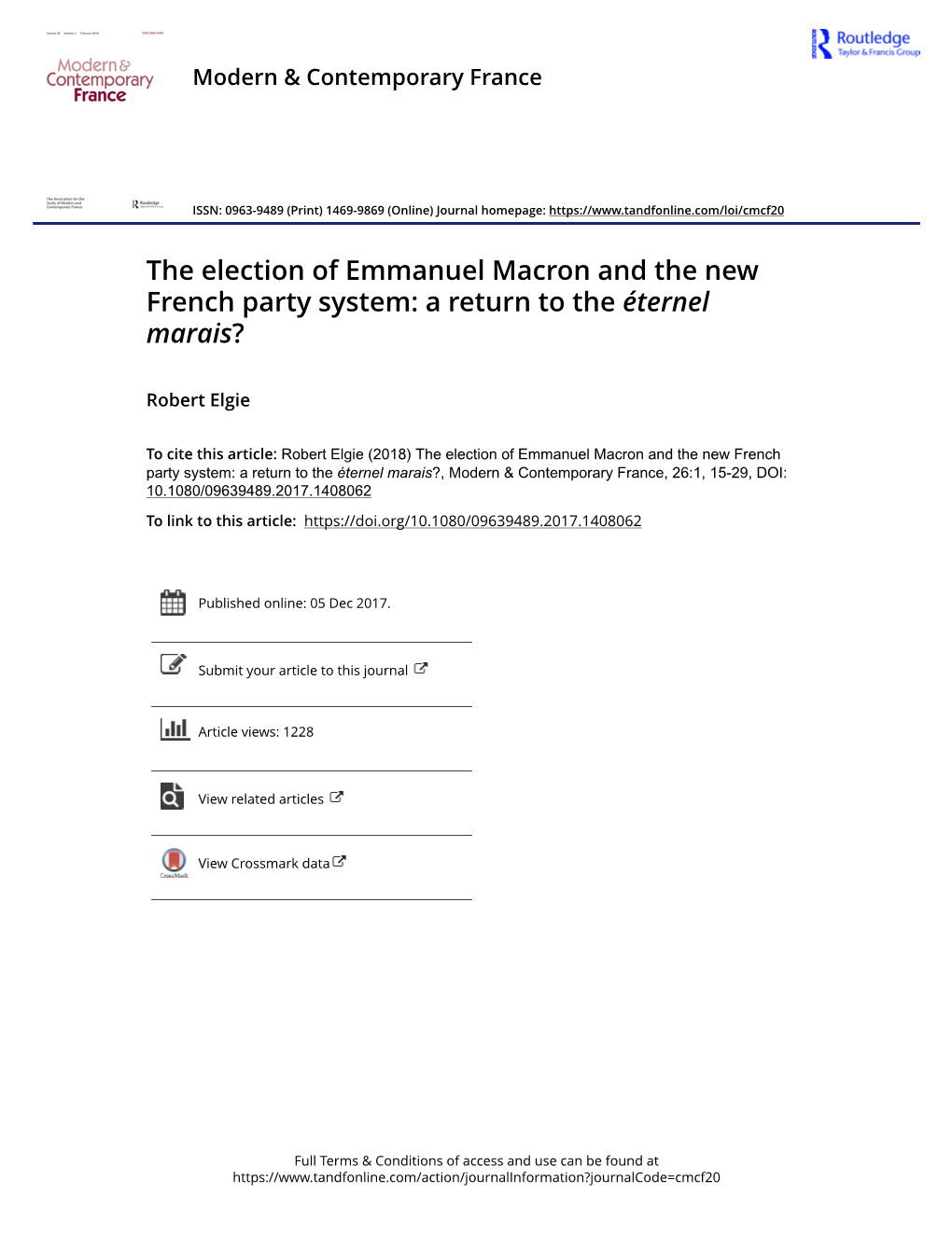 The Election of Emmanuel Macron and the New French Party System: a Return to the Éternel Marais?