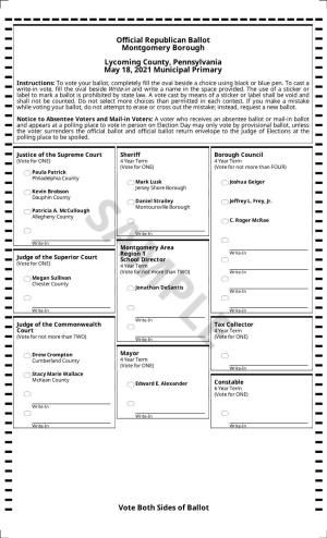 Official Republican Ballot Montgomery Borough Lycoming County, Pennsylvania May 18, 2021 Municipal Primary