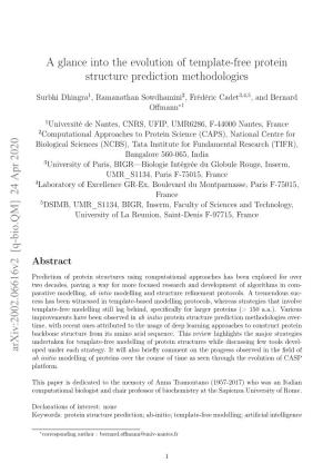 A Glance Into the Evolution of Template-Free Protein Structure Prediction Methodologies Arxiv:2002.06616V2 [Q-Bio.QM] 24 Apr 2