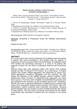 Platelet Function and Microvesicles Generation in Patients with Hemophilia A