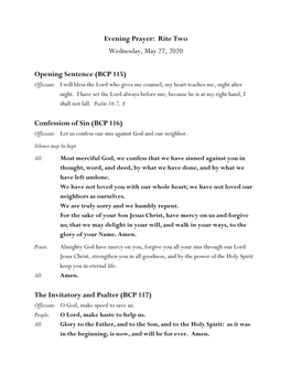 Evening Prayer: Rite Two Wednesday, May 27, 2020 Opening