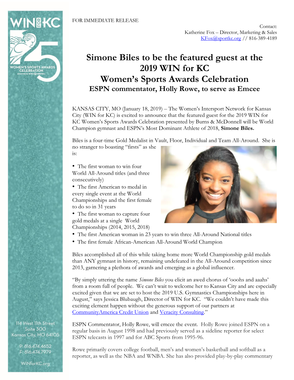 Simone Biles to Be the Featured Guest at the 2019 WIN for KC Women's Sports Awards Celebration