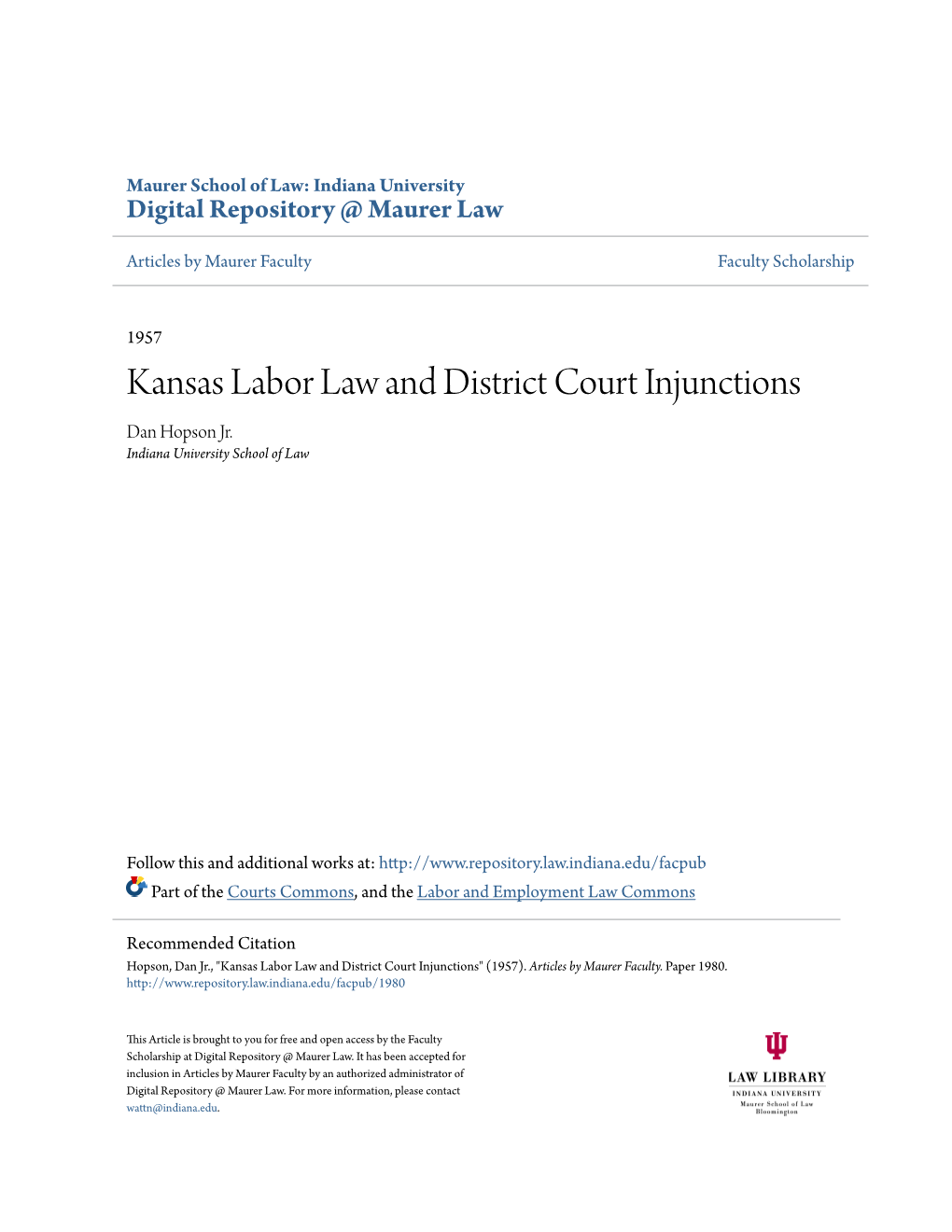 Kansas Labor Law and District Court Injunctions Dan Hopson Jr