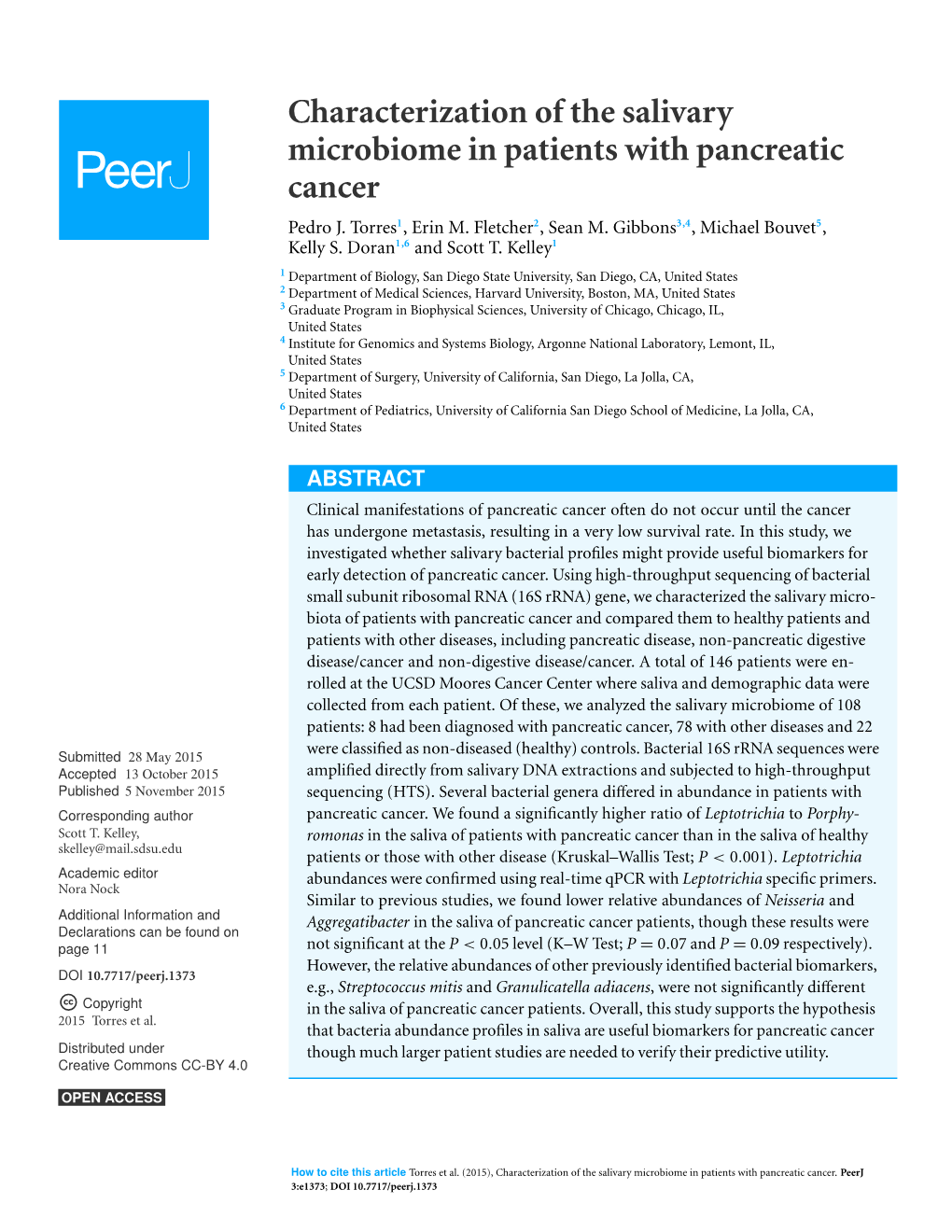 Characterization of the Salivary Microbiome in Patients with Pancreatic Cancer Pedro J