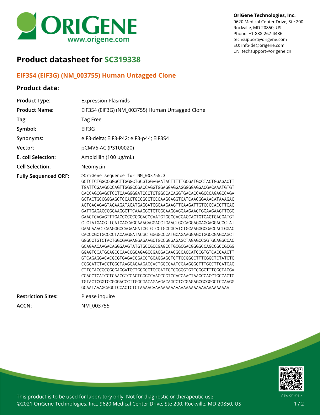EIF3S4 (EIF3G) (NM 003755) Human Untagged Clone Product Data