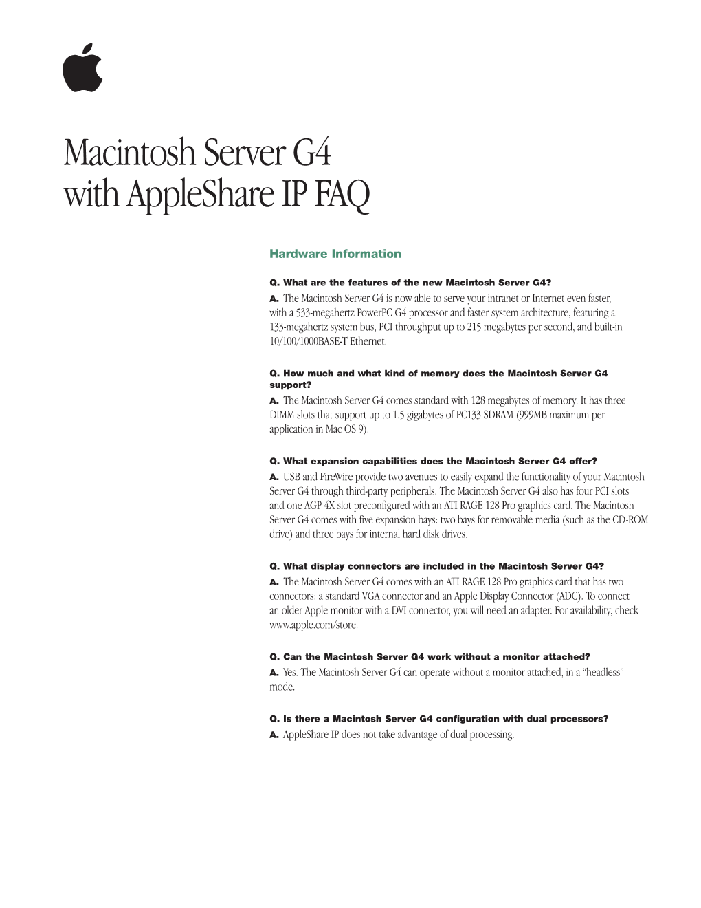Macintosh Server G4 with Appleshare IP FAQ