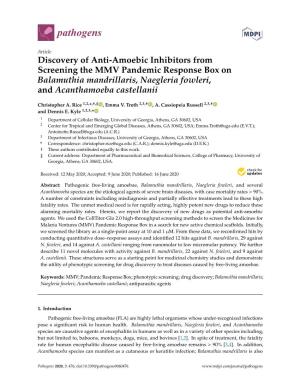 Discovery of Anti-Amoebic Inhibitors from Screening the MMV Pandemic Response Box on Balamuthia Mandrillaris, Naegleria Fowleri, and Acanthamoeba Castellanii