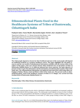 Ethnomedicinal Plants Used in the Healthcare Systems of Tribes of Dantewada, Chhattisgarh India