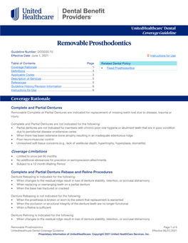 Removable Prosthodontics – Dental Coverage Guideline