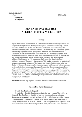 Seventh Day Baptist Influence Upon Millerites