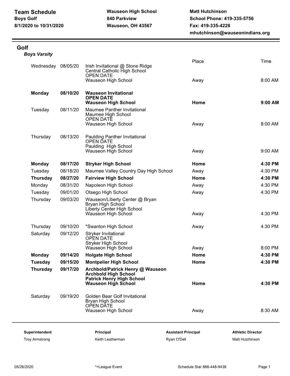 Team Schedule Golf