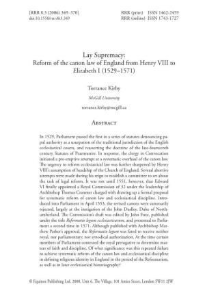 Lay Supremacy: Reform of the Canon Law of England from Henry VIII to Elizabeth I (1529–1571)