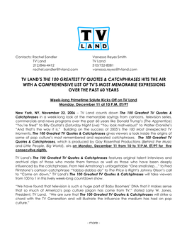 112206 Tv Land's the 100 Greatest Tv Quotes & Catchphrases Hits the Air with a Comprehensive List of Tv's Most Memorable