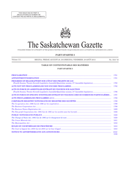 THE SASKATCHEWAN GAZETTE, August 28, 2015 1789 (REGULATIONS)/CE NUMÉRO NE CONTIENT PAS DE PARTIE III (RÈGLEMENTS)