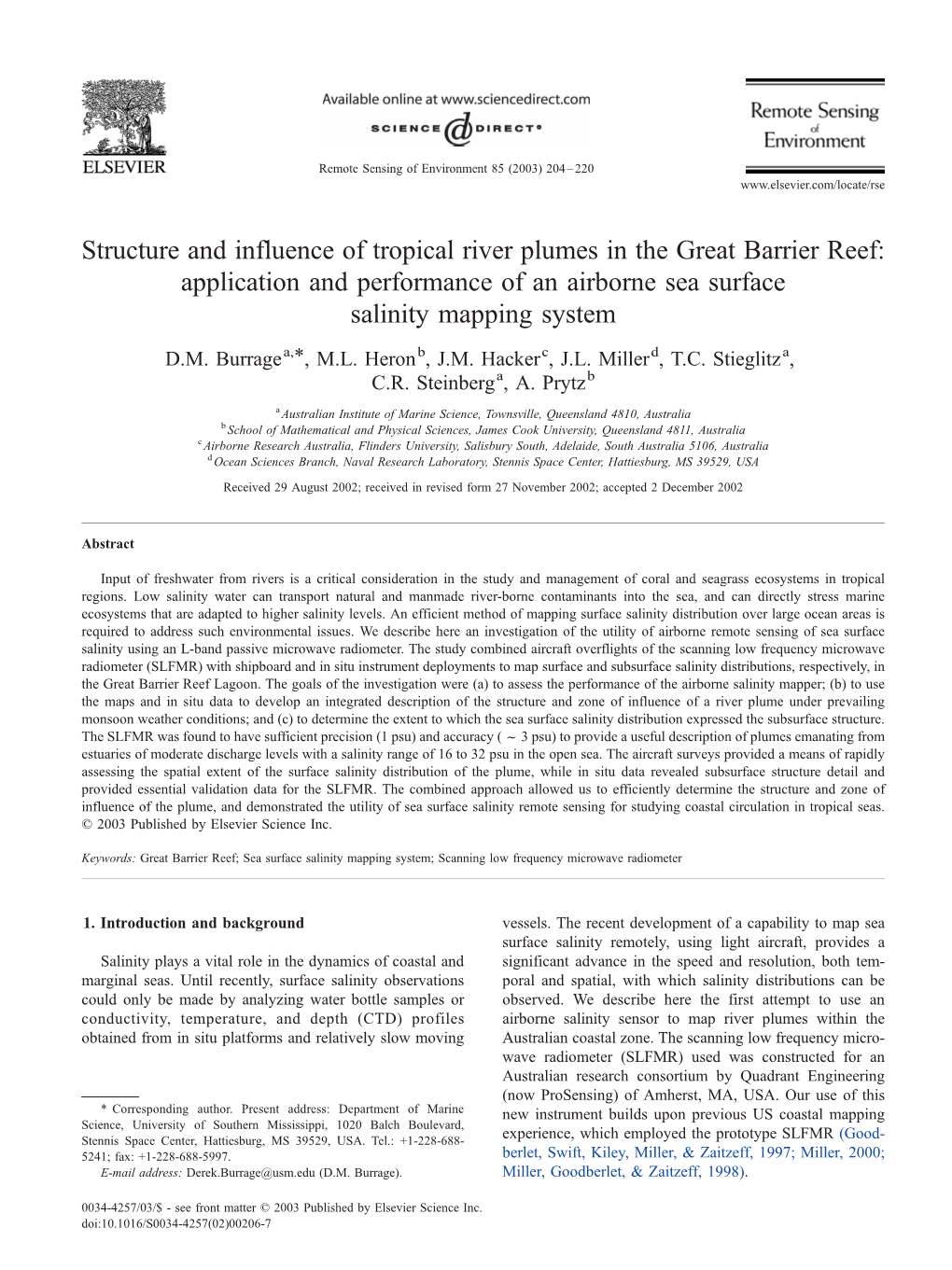 Structure and Influence of Tropical River Plumes in the Great Barrier Reef: Application and Performance of an Airborne Sea Surface Salinity Mapping System