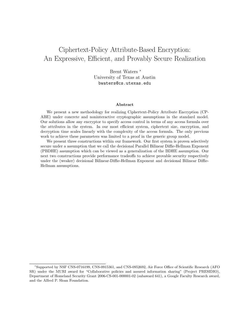 Ciphertext-Policy Attribute-Based Encryption: an Expressive, Efficient