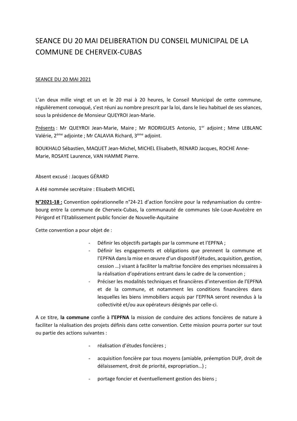 Seance Du 20 Mai Deliberation Du Conseil Municipal De La Commune De Cherveix-Cubas