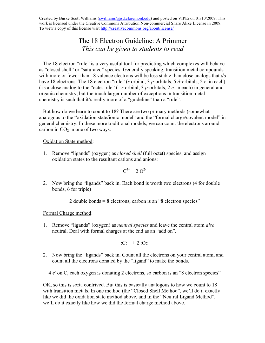 The 18 Electron Guideline: a Primmer This Can Be Given to Students to Read