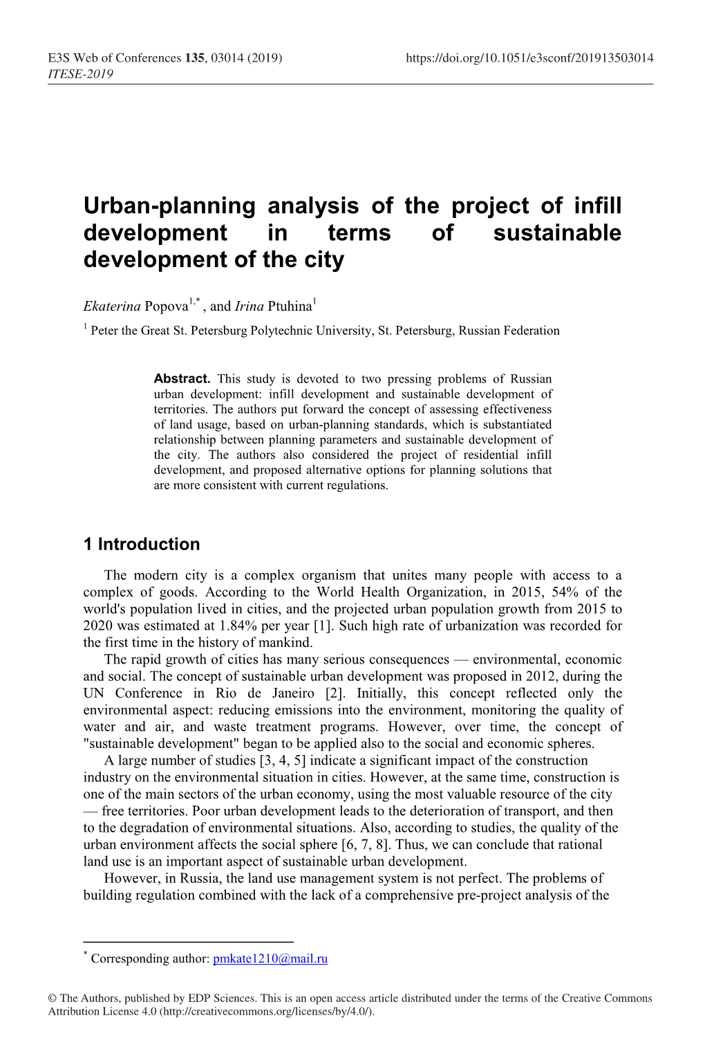 Urban-Planning Analysis of the Project of Infill Development in Terms of Sustainable Development of the City