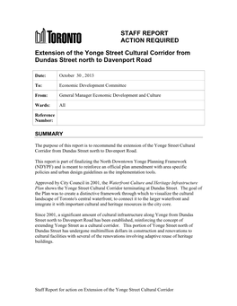 STAFF REPORT ACTION REQUIRED Extension of the Yonge Street Cultural Corridor from Dundas Street North to Davenport Road