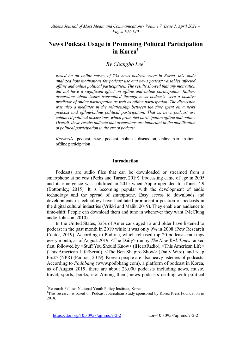 News Podcast Usage in Promoting Political Participation in Korea1