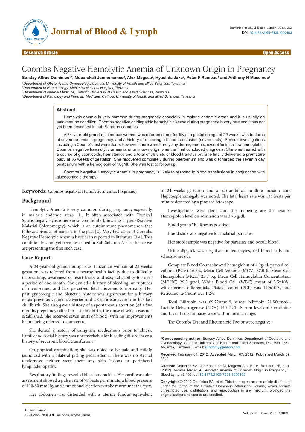 Coombs Negative Hemolytic Anemia of Unknown Origin in Pregnancy