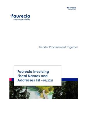 Faurecia Invoicing Fiscal Names and Addresses List – 01/2021