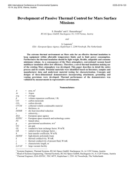 Development of Passive Thermal Control for Mars Surface Missions