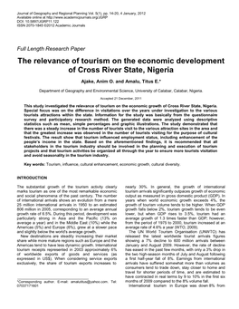 The Relevance of Tourism on the Economic Development of Cross River State, Nigeria