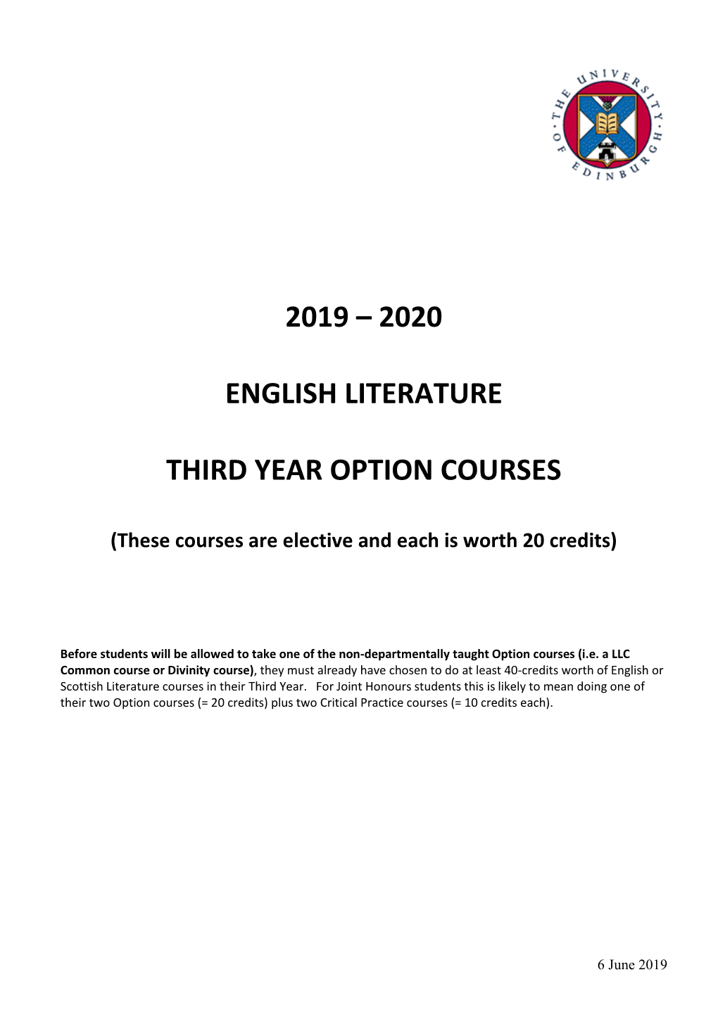 2019 – 2020 English Literature Third Year Option Courses