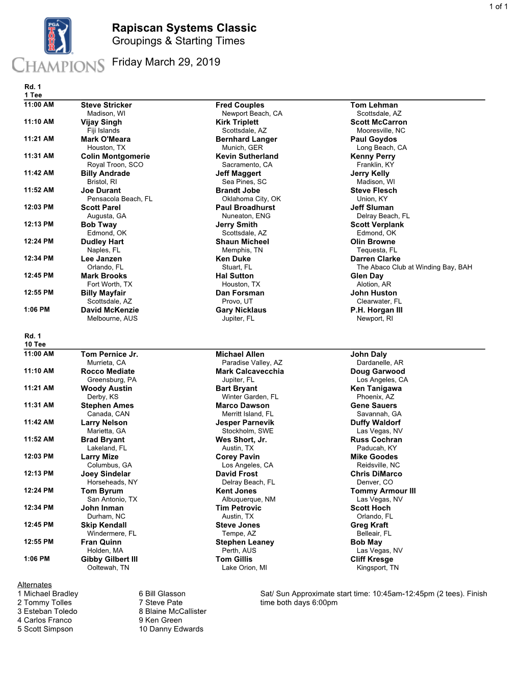 Rapiscan Systems Classic Groupings & Starting Times Friday March 29, 2019