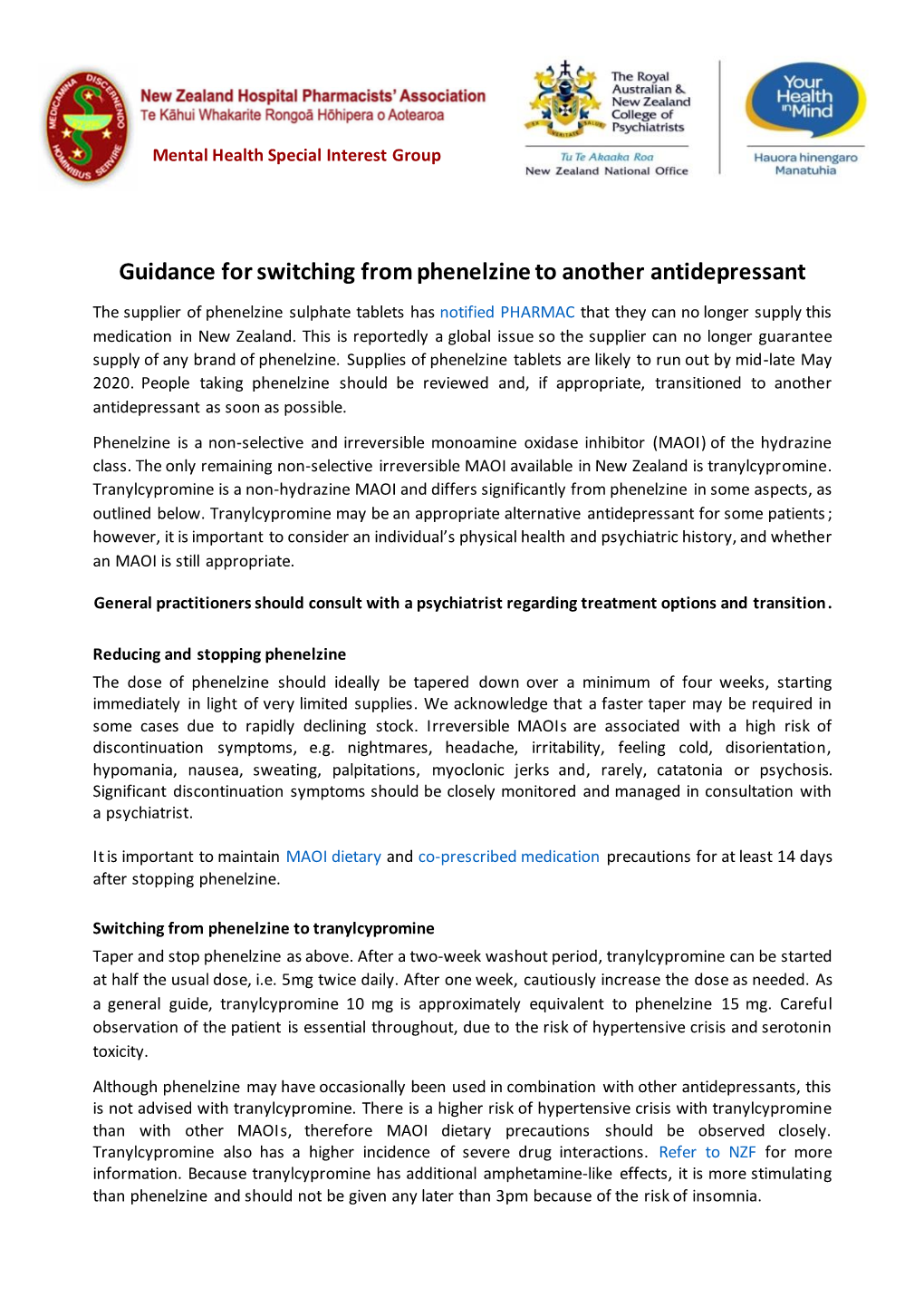 Phenelzine Switching Advice 11 May 2020