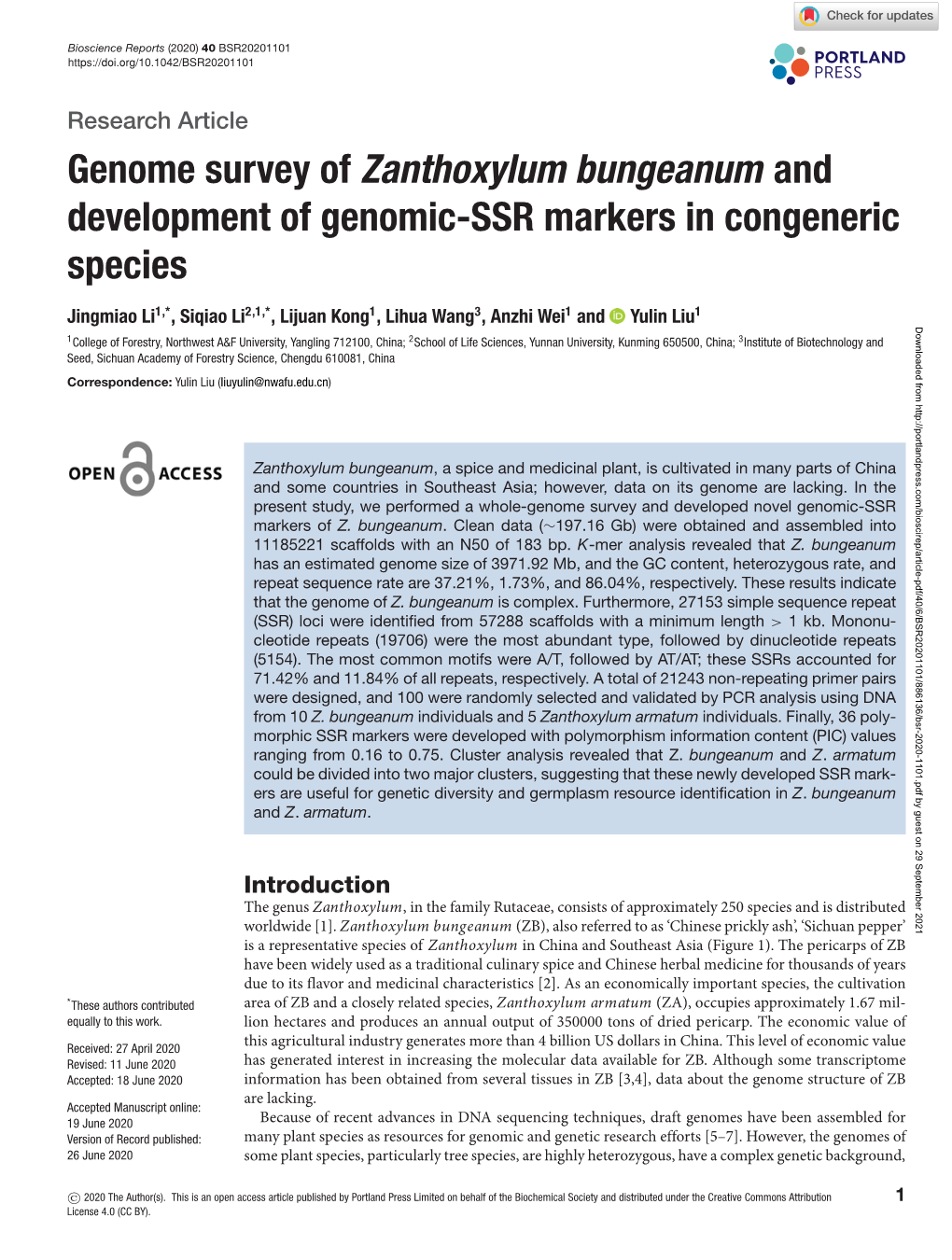 Genome Survey of Zanthoxylum Bungeanum and Development of Genomic-SSR Markers in Congeneric Species