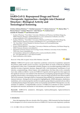 SARS-Cov-2: Repurposed Drugs and Novel Therapeutic Approaches—Insights Into Chemical Structure—Biological Activity and Toxicological Screening