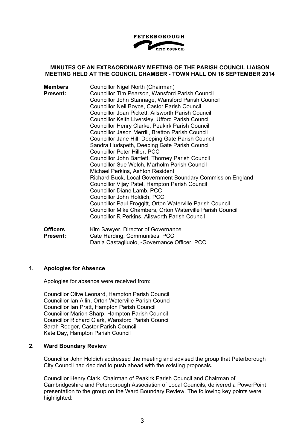 Minutes of an Extraordinary Meeting of the Parish Council Liaison Meeting Held at the Council Chamber - Town Hall on 16 September 2014