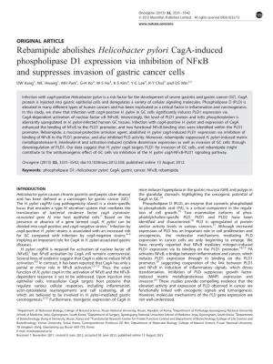 Rebamipide Abolishes Helicobacter Pylori Caga-Induced Phospholipase D1 Expression Via Inhibition of NF&Kappa