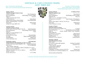 Gonville & Caius College Chapel Lent Term 2019
