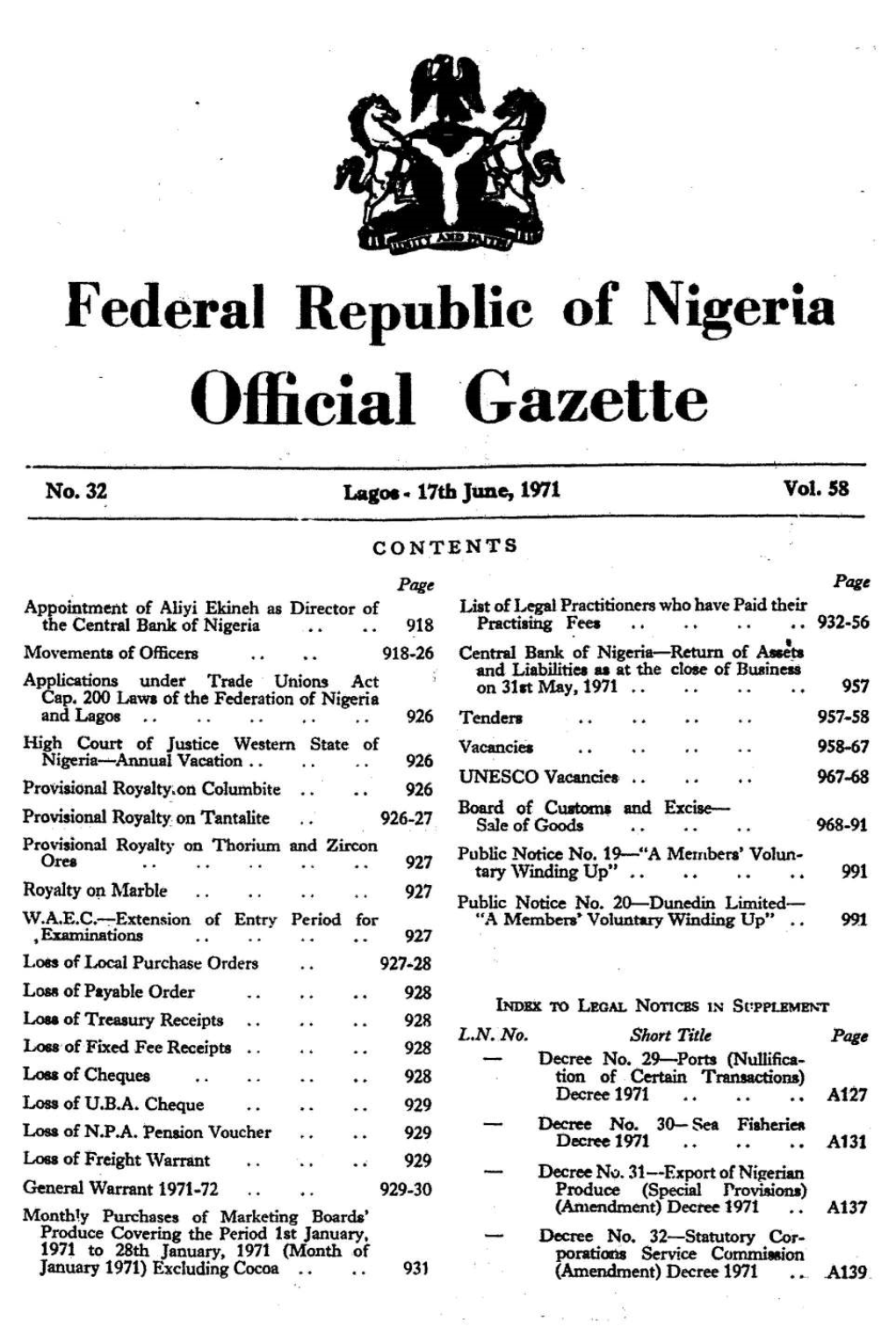 Federal Republic of Nigeria Official Gazette